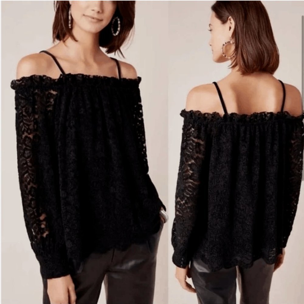 Anthropologie Eri + Ali Black Lace Off the Shoulder Long Sleeve Blouse M NWT